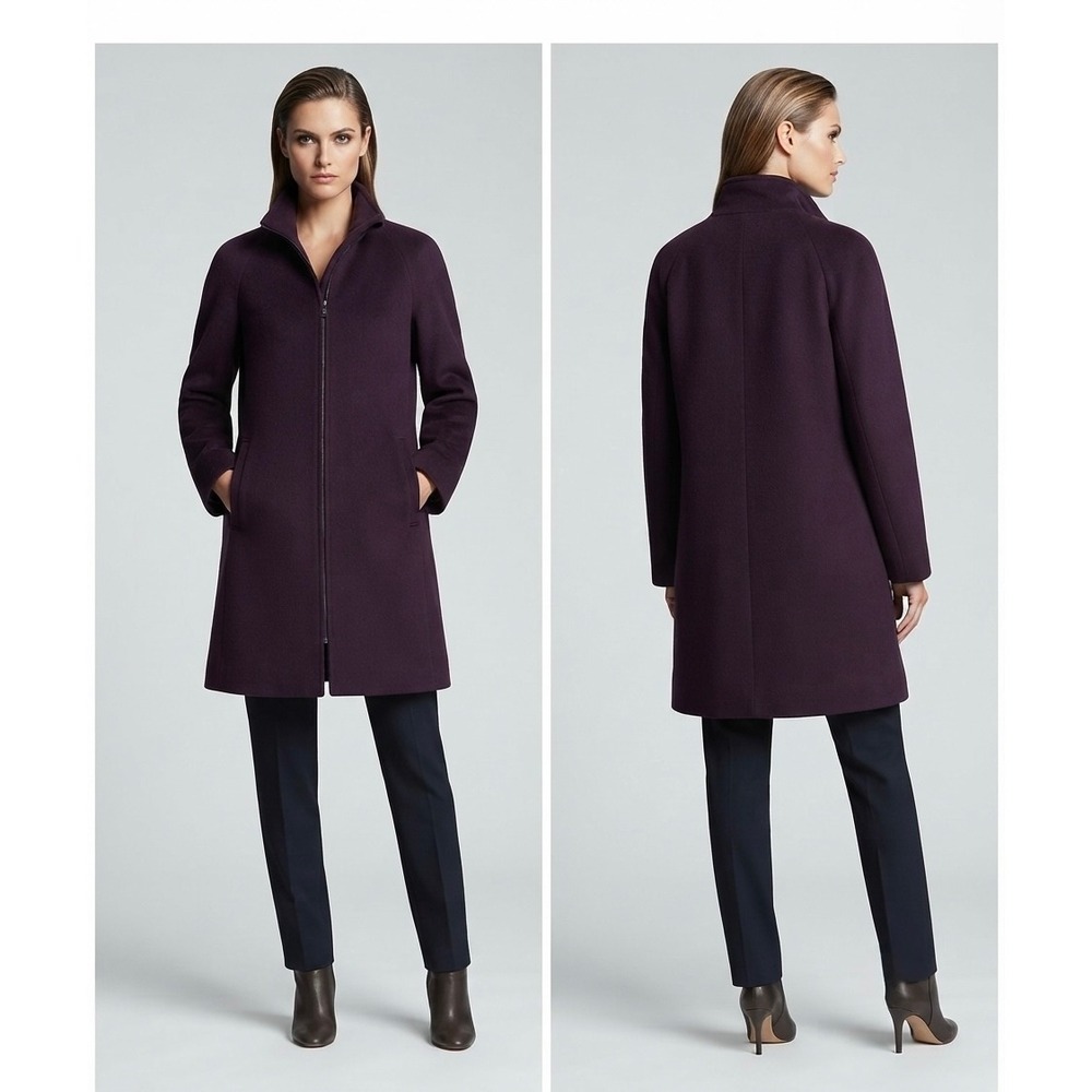 Jones New York JNY Deep Plum 100% Pure Wool Zip Up Funnel Neck Coat Womens Large